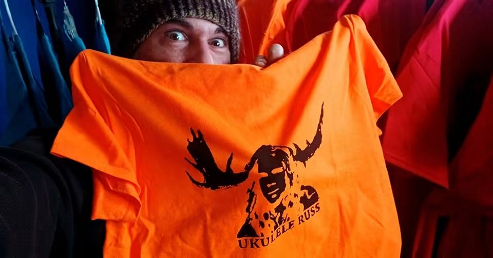 Orange handmade Ukulele Russ moose shirt